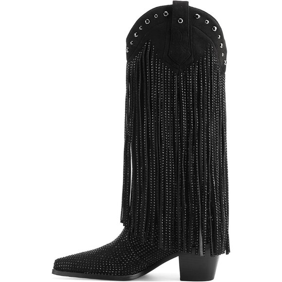 Black Rhinestone Fringe Cowgirl Boots Women Sparkly Western Pointed Toe Heel - Picture 1 of 7